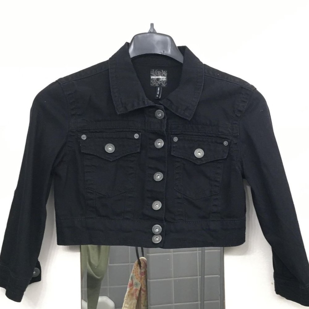 HWY Jeans Crop Jacket, Black Denim, Size L